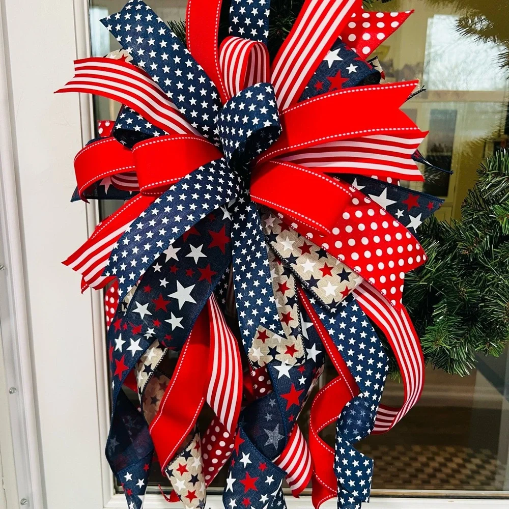 XL Patriotic Red, Navy & White Ribbon Bow Wreath Accent Handmade